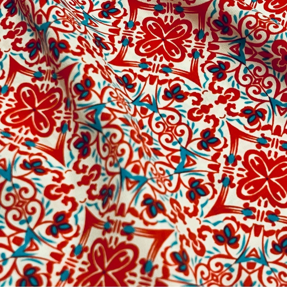 Pink Owl 3/4 Sleeve Tunic Blouse Top Red Turquoise Coral White V Neck - Picture 8 of 8